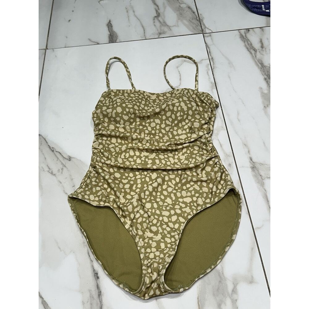 Primark Women’s One Piece Bandeau Control Green Dot Print Swimsuit Padded Size 4